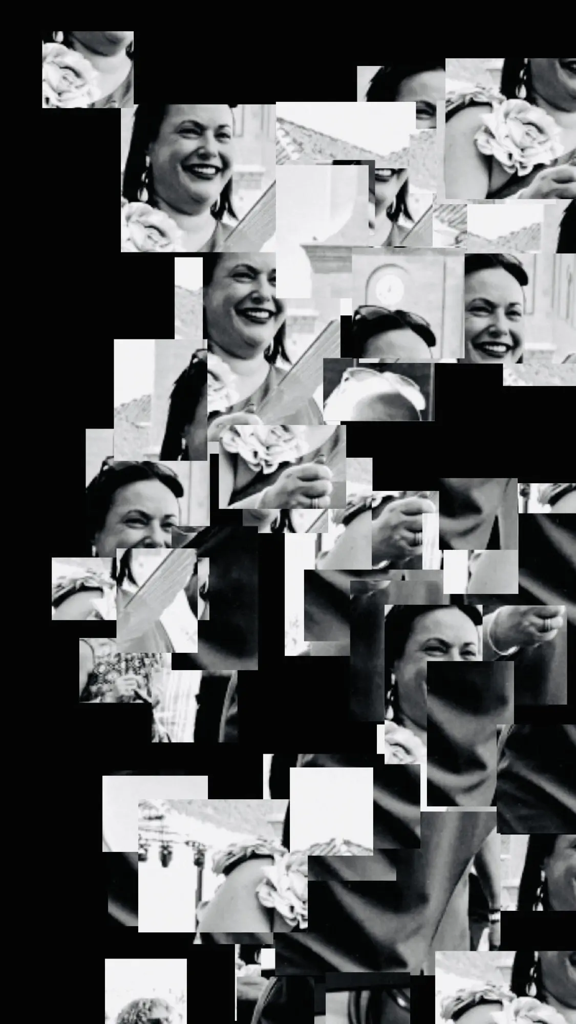 Fragmented black-and-white portrait of a smiling woman wearing a flower